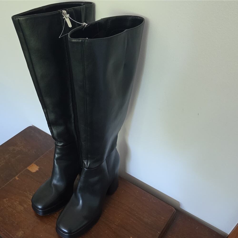 **NEW -Nine West Black Knee High Riding Boots Zip Square Toe Regular Calf US 9 M - Picture 5 of 8